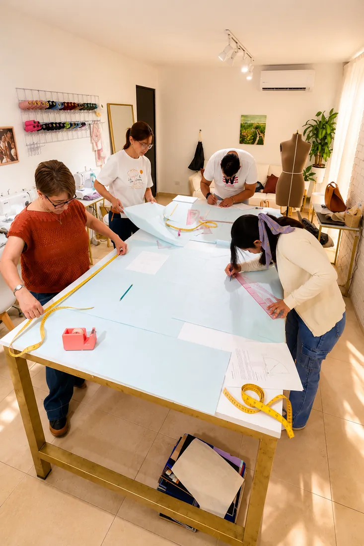 Alumnas trazando patrones en la mesa de corte